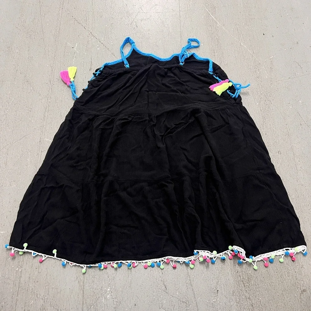 Justice Girls Black Spaghetti Strap Dress Neon Fringe Party Outfit Size 14/16‎